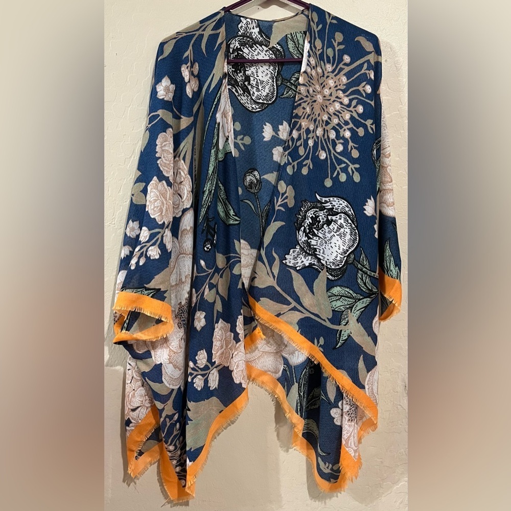 North Bohème Floral Kimono Blue Orange Boho Duster Wrap One Size